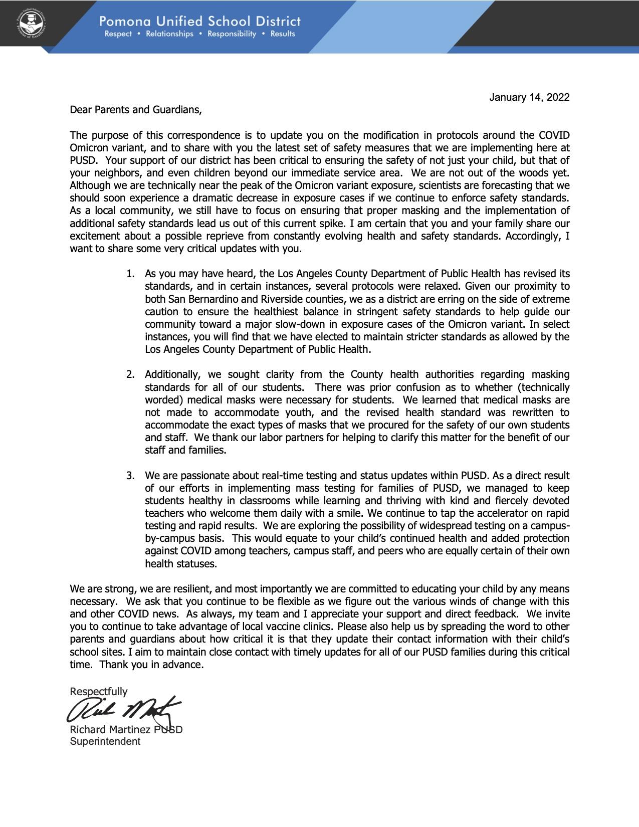 Superintendents Letter to parents 1.14.22
